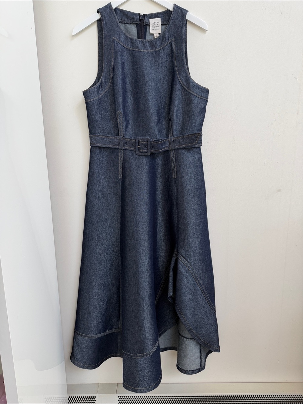 NWOT Sleeveless glitter Cinq A Sept Blue silver Denim Belted Midi Dress Zelda